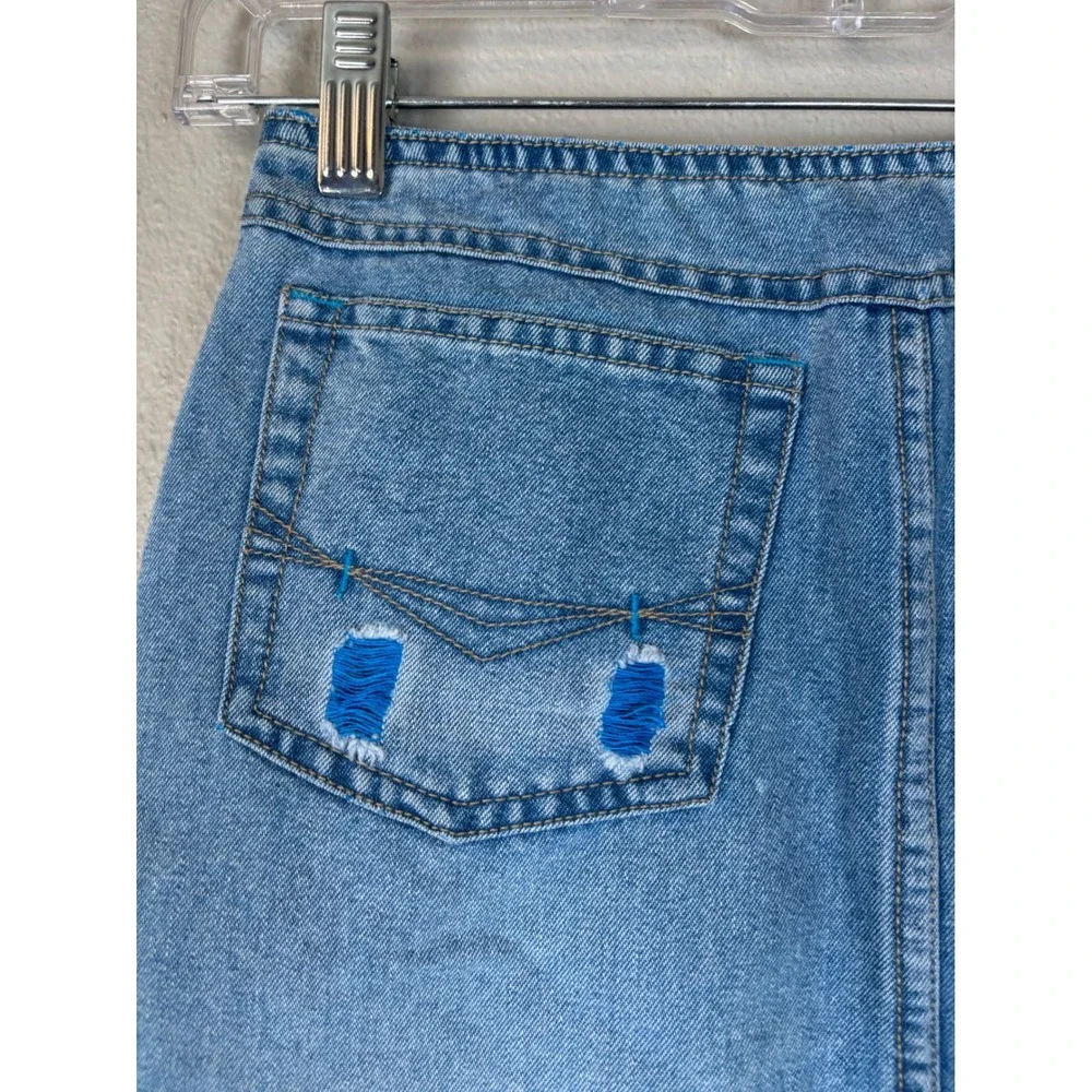 Route 66 Girls Y2K Denim Mini Skirt Blue Distressed Raw Hem Size 8